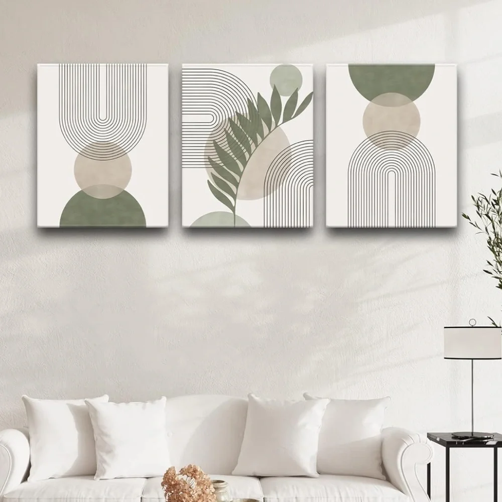 Brand New Set of 3 Wood Framed Canvases Sage Boho Wall Art Minimalist Decor